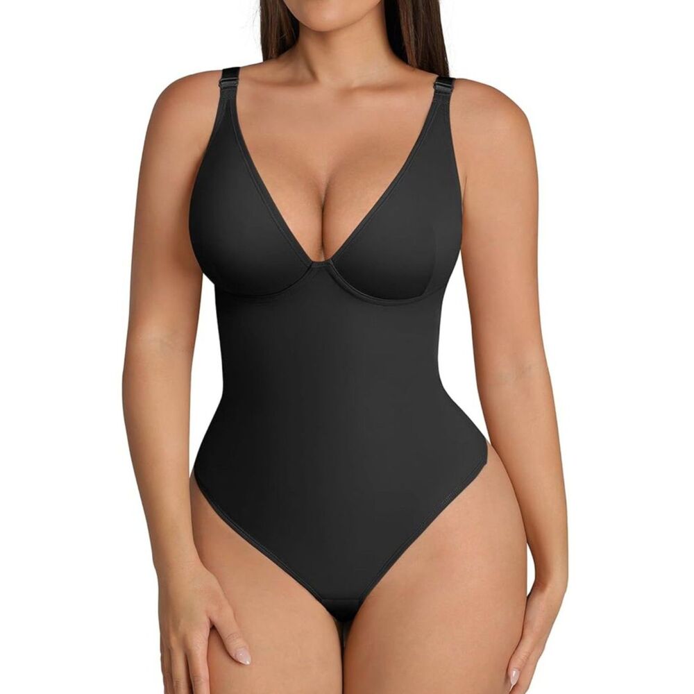 FeelinGirl Shapewear Bodysuit Tummy Control Deep V Thong Black Medium NWT